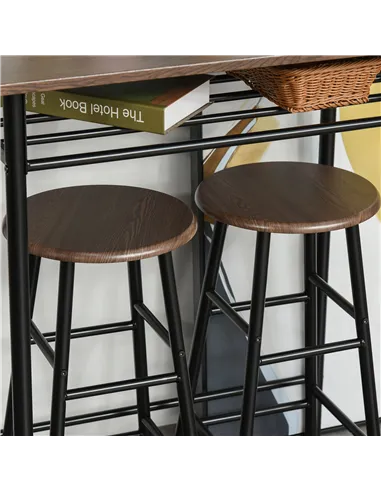 HOMCOM Bar Table Set, Bar Table and Stools Set, Footrest and Storage Shelf, for Kitchen, Dining Room, Pub, Cafe, Black and Oak