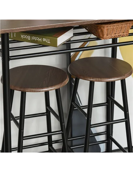 HOMCOM Bar Table Set, Bar Table and Stools Set, Footrest and Storage Shelf, for Kitchen, Dining Room, Pub, Cafe, Black and Oak