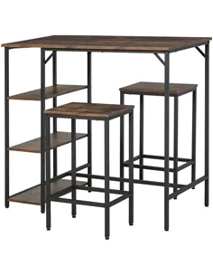 HOMCOM Industrial Bar Height Dining Table Set With 2 Stools & Side Shelf, 3 Pieces Coffee Table for Dining Room, Kitchen, Dinett