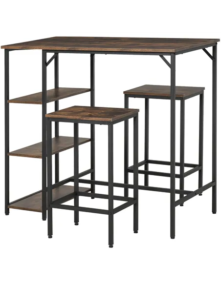 HOMCOM Industrial Bar Height Dining Table Set With 2 Stools & Side Shelf, 3 Pieces Coffee Table for Dining Room, Kitchen, Dinett