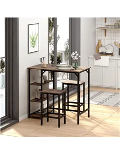 HOMCOM Industrial Bar Height Dining Table Set With 2 Stools & Side Shelf, 3 Pieces Coffee Table for Dining Room, Kitchen, Dinett 2