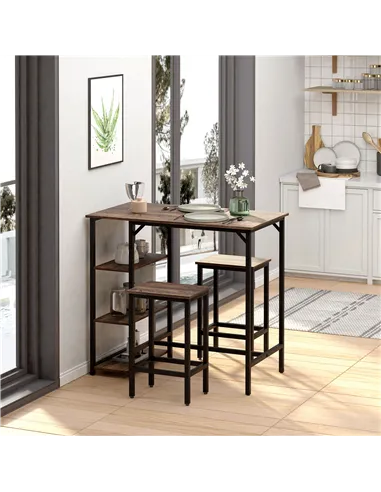 HOMCOM Industrial Bar Height Dining Table Set With 2 Stools & Side Shelf, 3 Pieces Coffee Table for Dining Room, Kitchen, Dinett