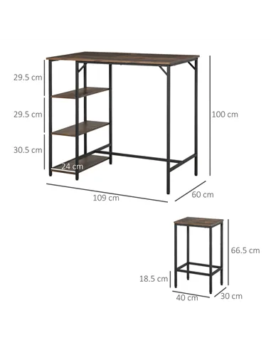 HOMCOM Industrial Bar Height Dining Table Set With 2 Stools & Side Shelf, 3 Pieces Coffee Table for Dining Room, Kitchen, Dinett