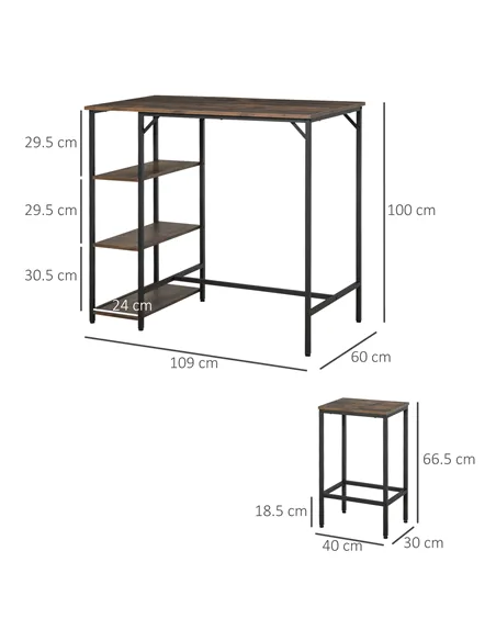 HOMCOM Industrial Bar Height Dining Table Set With 2 Stools & Side Shelf, 3 Pieces Coffee Table for Dining Room, Kitchen, Dinett