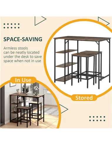 HOMCOM Industrial Bar Height Dining Table Set With 2 Stools & Side Shelf, 3 Pieces Coffee Table for Dining Room, Kitchen, Dinett