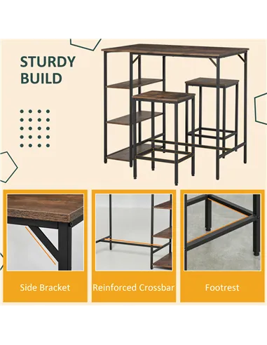 HOMCOM Industrial Bar Height Dining Table Set With 2 Stools & Side Shelf, 3 Pieces Coffee Table for Dining Room, Kitchen, Dinett