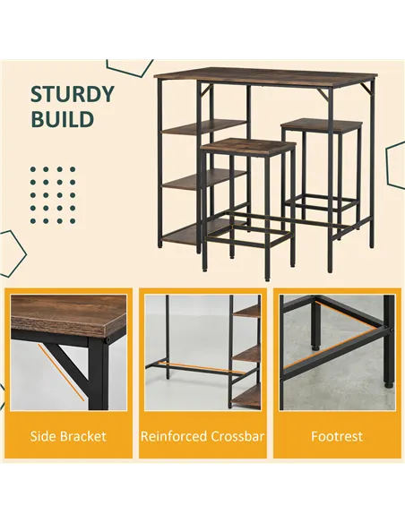 HOMCOM Industrial Bar Height Dining Table Set With 2 Stools & Side Shelf, 3 Pieces Coffee Table for Dining Room, Kitchen, Dinett