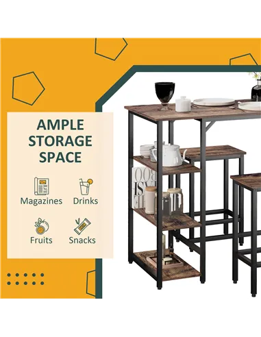 HOMCOM Industrial Bar Height Dining Table Set With 2 Stools & Side Shelf, 3 Pieces Coffee Table for Dining Room, Kitchen, Dinett