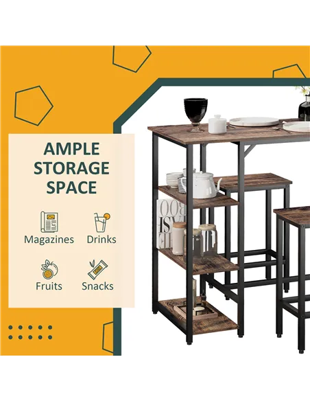 HOMCOM Industrial Bar Height Dining Table Set With 2 Stools & Side Shelf, 3 Pieces Coffee Table for Dining Room, Kitchen, Dinett