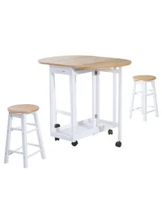 HOMCOM 3 Pieces Dining Room Set, Mobile Foldable Dining Table and 2 Stools with Storage Shelf, 2 Drawers and 6 Wheels, Drop Leaf
