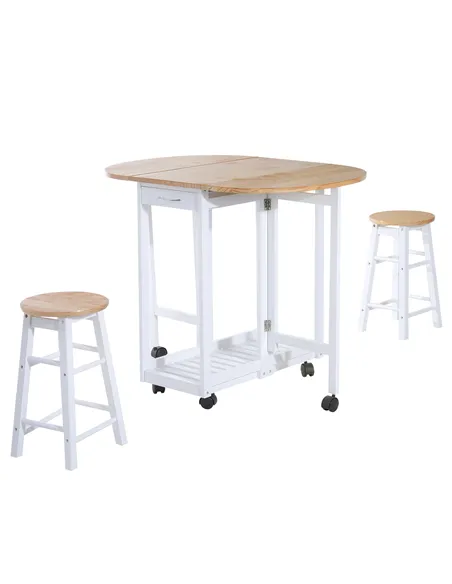 HOMCOM 3 Pieces Dining Room Set, Mobile Foldable Dining Table and 2 Stools with Storage Shelf, 2 Drawers and 6 Wheels, Drop Leaf