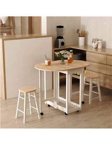 HOMCOM 3 Pieces Dining Room Set, Mobile Foldable Dining Table and 2 Stools with Storage Shelf, 2 Drawers and 6 Wheels, Drop Leaf