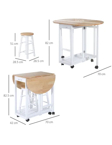 HOMCOM 3 Pieces Dining Room Set, Mobile Foldable Dining Table and 2 Stools with Storage Shelf, 2 Drawers and 6 Wheels, Drop Leaf