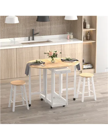 HOMCOM 3 Pieces Dining Room Set, Mobile Foldable Dining Table and 2 Stools with Storage Shelf, 2 Drawers and 6 Wheels, Drop Leaf
