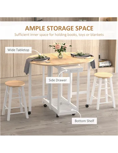 HOMCOM 3 Pieces Dining Room Set, Mobile Foldable Dining Table and 2 Stools with Storage Shelf, 2 Drawers and 6 Wheels, Drop Leaf
