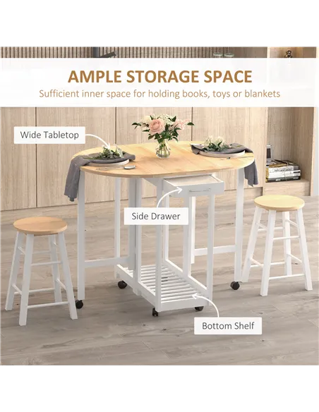 HOMCOM 3 Pieces Dining Room Set, Mobile Foldable Dining Table and 2 Stools with Storage Shelf, 2 Drawers and 6 Wheels, Drop Leaf