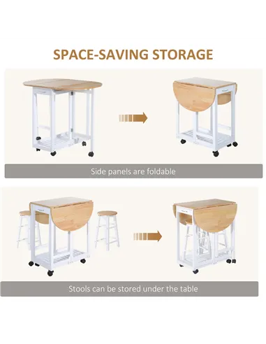 HOMCOM 3 Pieces Dining Room Set, Mobile Foldable Dining Table and 2 Stools with Storage Shelf, 2 Drawers and 6 Wheels, Drop Leaf