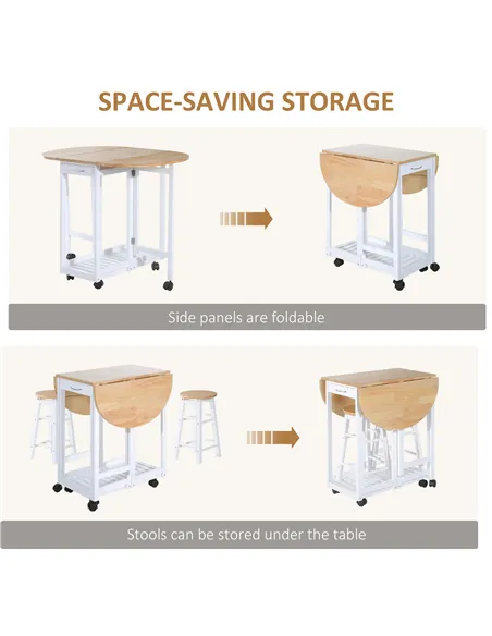 HOMCOM 3 Pieces Dining Room Set, Mobile Foldable Dining Table and 2 Stools with Storage Shelf, 2 Drawers and 6 Wheels, Drop Leaf