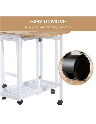 HOMCOM 3 Pieces Dining Room Set, Mobile Foldable Dining Table and 2 Stools with Storage Shelf, 2 Drawers and 6 Wheels, Drop Leaf