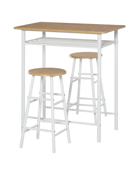 HOMCOM Bar Table Set, Bar Table and Stools Set, Footrest and Storage Shelf, for Kitchen, Dining Room, Pub, Cafe, White and Oak