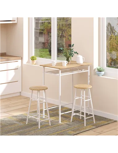 HOMCOM Bar Table Set, Bar Table and Stools Set, Footrest and Storage Shelf, for Kitchen, Dining Room, Pub, Cafe, White and Oak