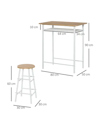 HOMCOM Bar Table Set, Bar Table and Stools Set, Footrest and Storage Shelf, for Kitchen, Dining Room, Pub, Cafe, White and Oak