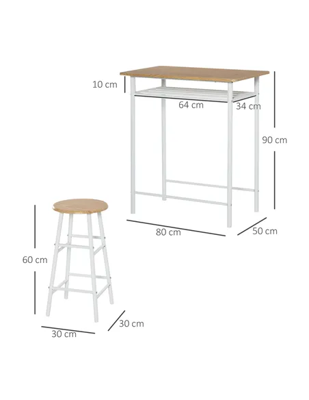 HOMCOM Bar Table Set, Bar Table and Stools Set, Footrest and Storage Shelf, for Kitchen, Dining Room, Pub, Cafe, White and Oak