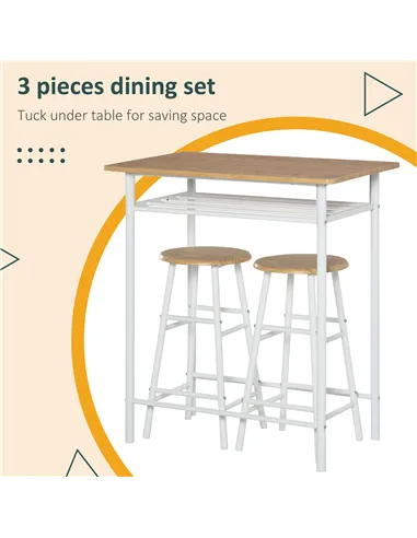 HOMCOM Bar Table Set, Bar Table and Stools Set, Footrest and Storage Shelf, for Kitchen, Dining Room, Pub, Cafe, White and Oak