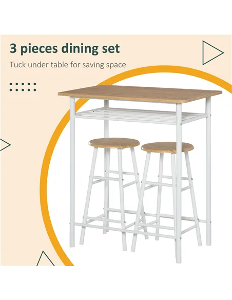 HOMCOM Bar Table Set, Bar Table and Stools Set, Footrest and Storage Shelf, for Kitchen, Dining Room, Pub, Cafe, White and Oak