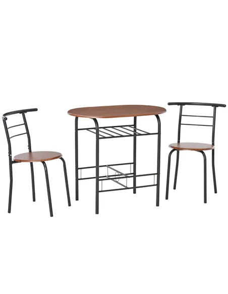 HOMCOM 3-Piece Dining Table Set , Metal Frame Wood Top Breakfast Bar Table Set for 2, Dining Table w/Storage Shelf & 2 chairs
