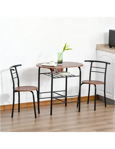 HOMCOM 3-Piece Dining Table Set , Metal Frame Wood Top Breakfast Bar Table Set for 2, Dining Table w/Storage Shelf & 2 chairs