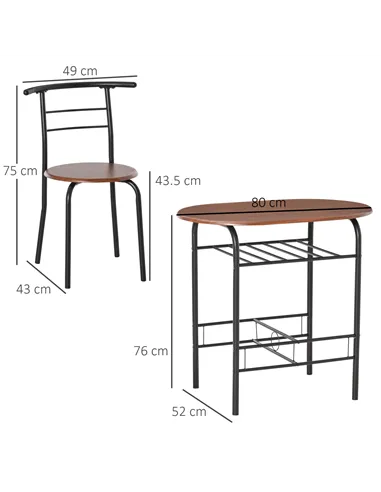 HOMCOM 3-Piece Dining Table Set , Metal Frame Wood Top Breakfast Bar Table Set for 2, Dining Table w/Storage Shelf & 2 chairs