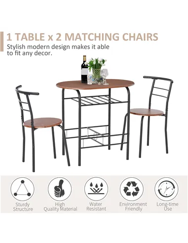 HOMCOM 3-Piece Dining Table Set , Metal Frame Wood Top Breakfast Bar Table Set for 2, Dining Table w/Storage Shelf & 2 chairs