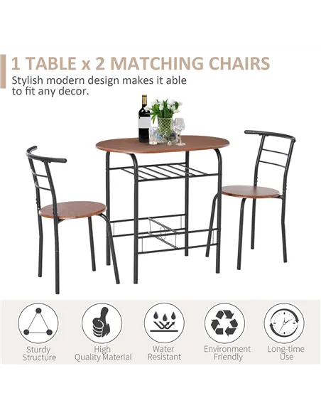 HOMCOM 3-Piece Dining Table Set , Metal Frame Wood Top Breakfast Bar Table Set for 2, Dining Table w/Storage Shelf & 2 chairs