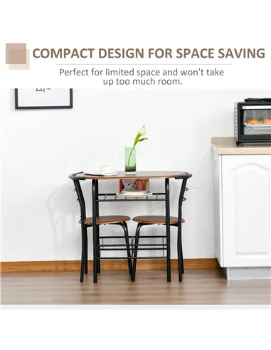 HOMCOM 3-Piece Dining Table Set , Metal Frame Wood Top Breakfast Bar Table Set for 2, Dining Table w/Storage Shelf & 2 chairs