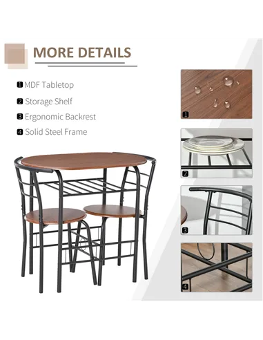 HOMCOM 3-Piece Dining Table Set , Metal Frame Wood Top Breakfast Bar Table Set for 2, Dining Table w/Storage Shelf & 2 chairs