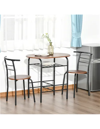 HOMCOM 3-Piece Dining Table Set , Metal Frame Wood Top Breakfast Bar Table Set for 2, Dining Table w/Storage Shelf & 2 chairs