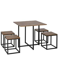 HOMCOM 5 Piece Dining Table and Chairs Set 4, Industrial Space Saving Table and Chairs with Metal Frame, Square Kitchen Table an