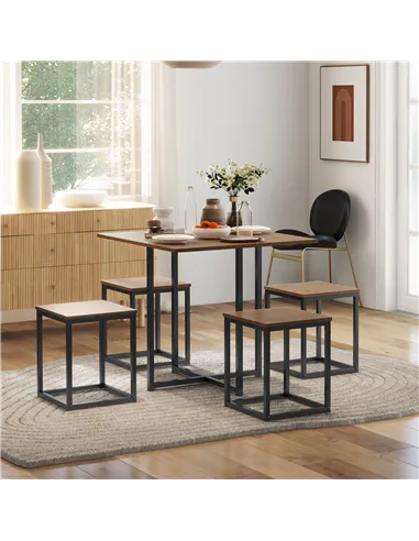 HOMCOM 5 Piece Dining Table and Chairs Set 4, Industrial Space Saving Table and Chairs with Metal Frame, Square Kitchen Table an