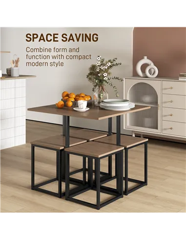 HOMCOM 5 Piece Dining Table and Chairs Set 4, Industrial Space Saving Table and Chairs with Metal Frame, Square Kitchen Table an