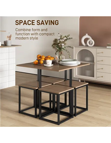 HOMCOM 5 Piece Dining Table and Chairs Set 4, Industrial Space Saving Table and Chairs with Metal Frame, Square Kitchen Table an