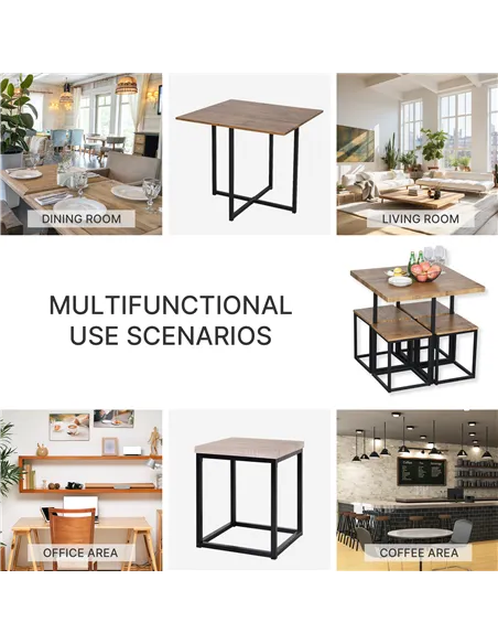 HOMCOM 5 Piece Dining Table and Chairs Set 4, Industrial Space Saving Table and Chairs with Metal Frame, Square Kitchen Table an