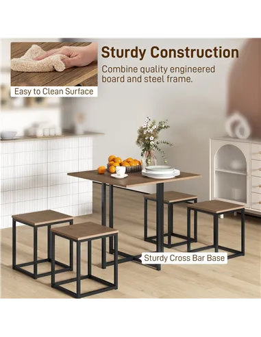 HOMCOM 5 Piece Dining Table and Chairs Set 4, Industrial Space Saving Table and Chairs with Metal Frame, Square Kitchen Table an