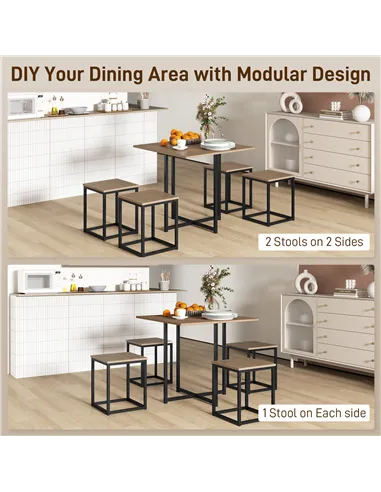 HOMCOM 5 Piece Dining Table and Chairs Set 4, Industrial Space Saving Table and Chairs with Metal Frame, Square Kitchen Table an