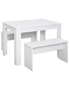 HOMCOM Kitchen Dining Table and 2 Benches Set, Table and Chairs Set for Limited Space, White