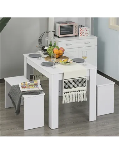 HOMCOM Kitchen Dining Table and 2 Benches Set, Table and Chairs Set for Limited Space, White