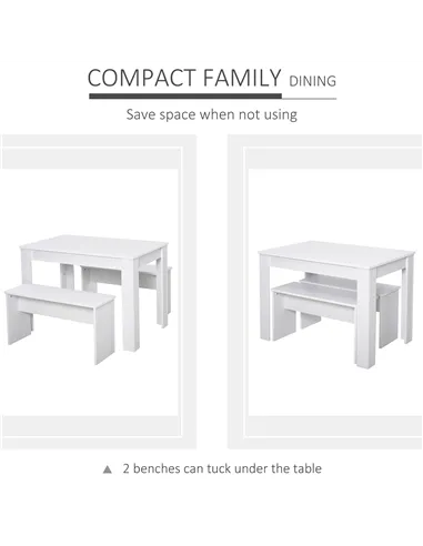 HOMCOM Kitchen Dining Table and 2 Benches Set, Table and Chairs Set for Limited Space, White