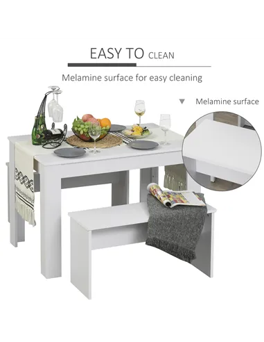 HOMCOM Kitchen Dining Table and 2 Benches Set, Table and Chairs Set for Limited Space, White