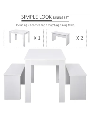 HOMCOM Kitchen Dining Table and 2 Benches Set, Table and Chairs Set for Limited Space, White