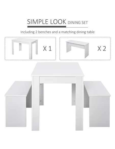 HOMCOM Kitchen Dining Table and 2 Benches Set, Table and Chairs Set for Limited Space, White